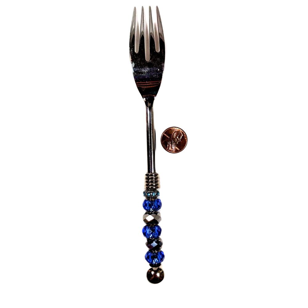 Fancy Serving Fork Silver Blue Glass Beads Entertaining Gift Grandmillenial